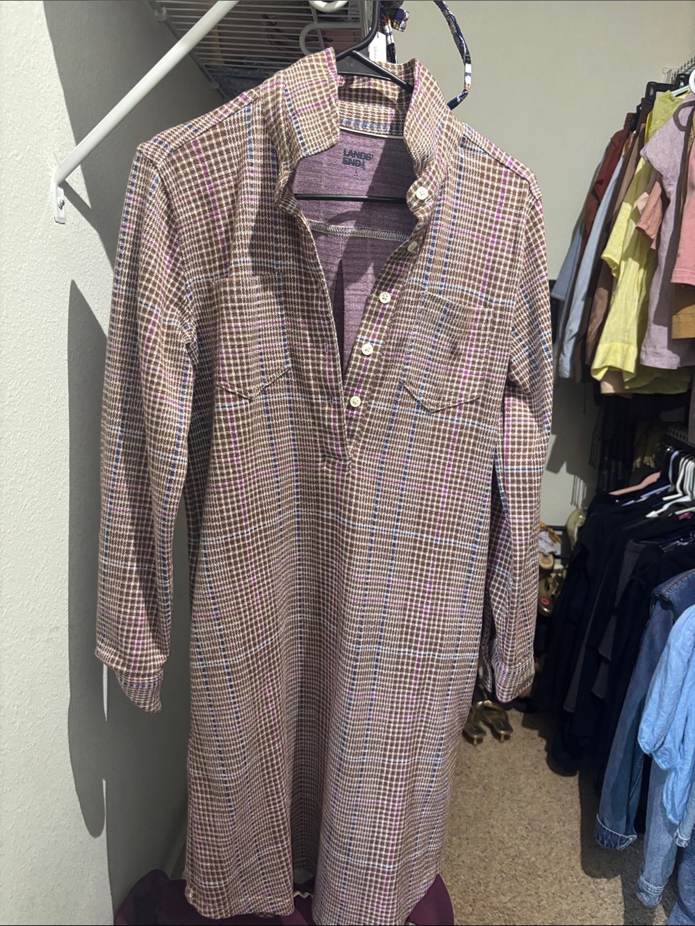 Lands' End Plaid Tunic Dress in Pink and Tan Hues small 6-8